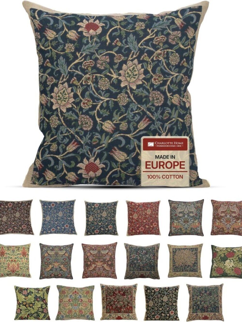 Blue Floral Tapestry Throw Pillow Cover - 16x16 Decorative Cushion for Home